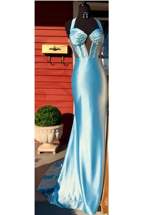Weitese Dress Gorgeous Mermaid Sweetheart Neck Halter Sleeveless Beaded Pleated Lace Up Prom Party Dress Evening Formal Gown with Train